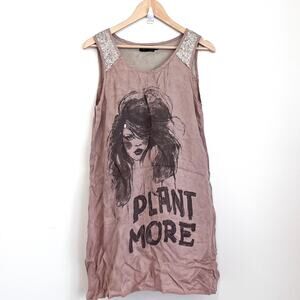 Forest Fairy Cottagecore Whimsy Tunic Dress Size M Tan Sequin Plant More Graphic